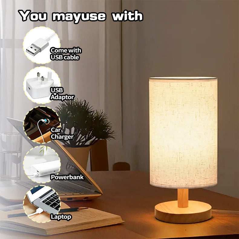 Usb Solid Wood Fabric Table Lamp