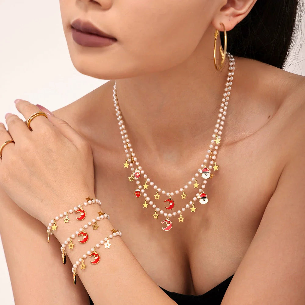 Cute Christmas Shell Pearl Necklace Bracelet Set