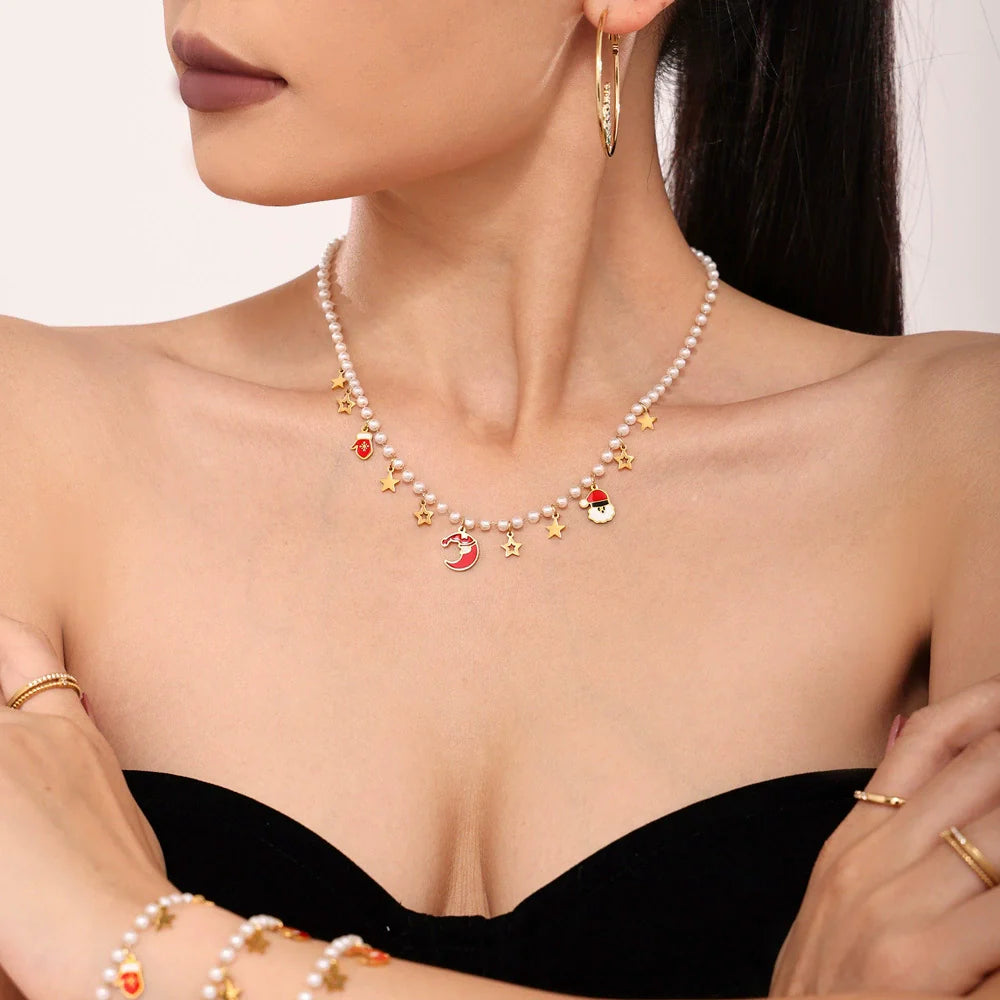 Cute Christmas Shell Pearl Necklace Bracelet Set
