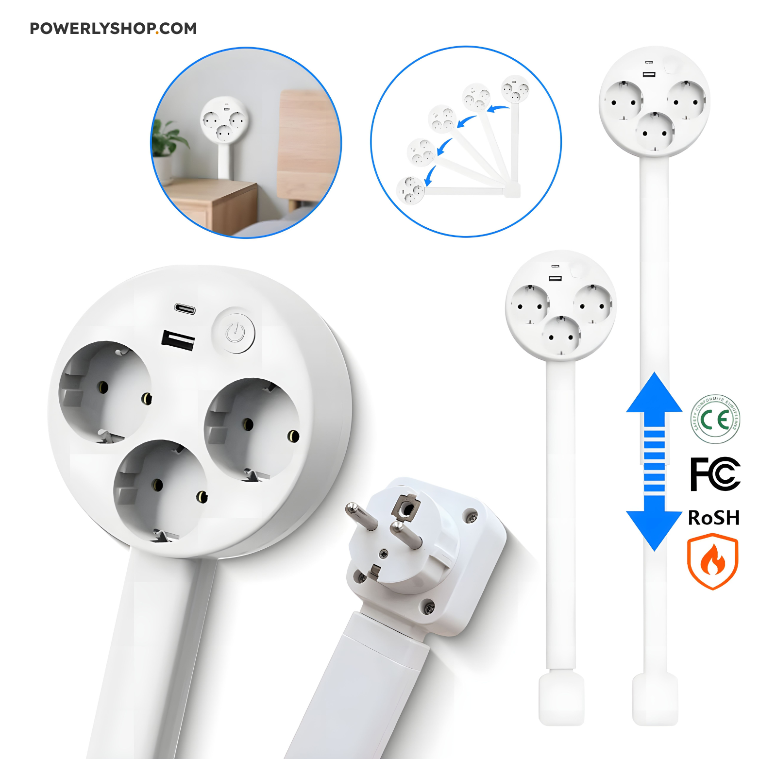 Maliben | Smart Extendable Socket With Usb | 3 Sockets + Extendable Arm + 180° Swivel Arm