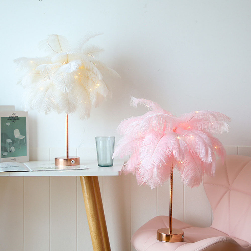 Maliben | Ostrich Night Lamp | Eccentric Lamp With Feathers & Rose Gold Base