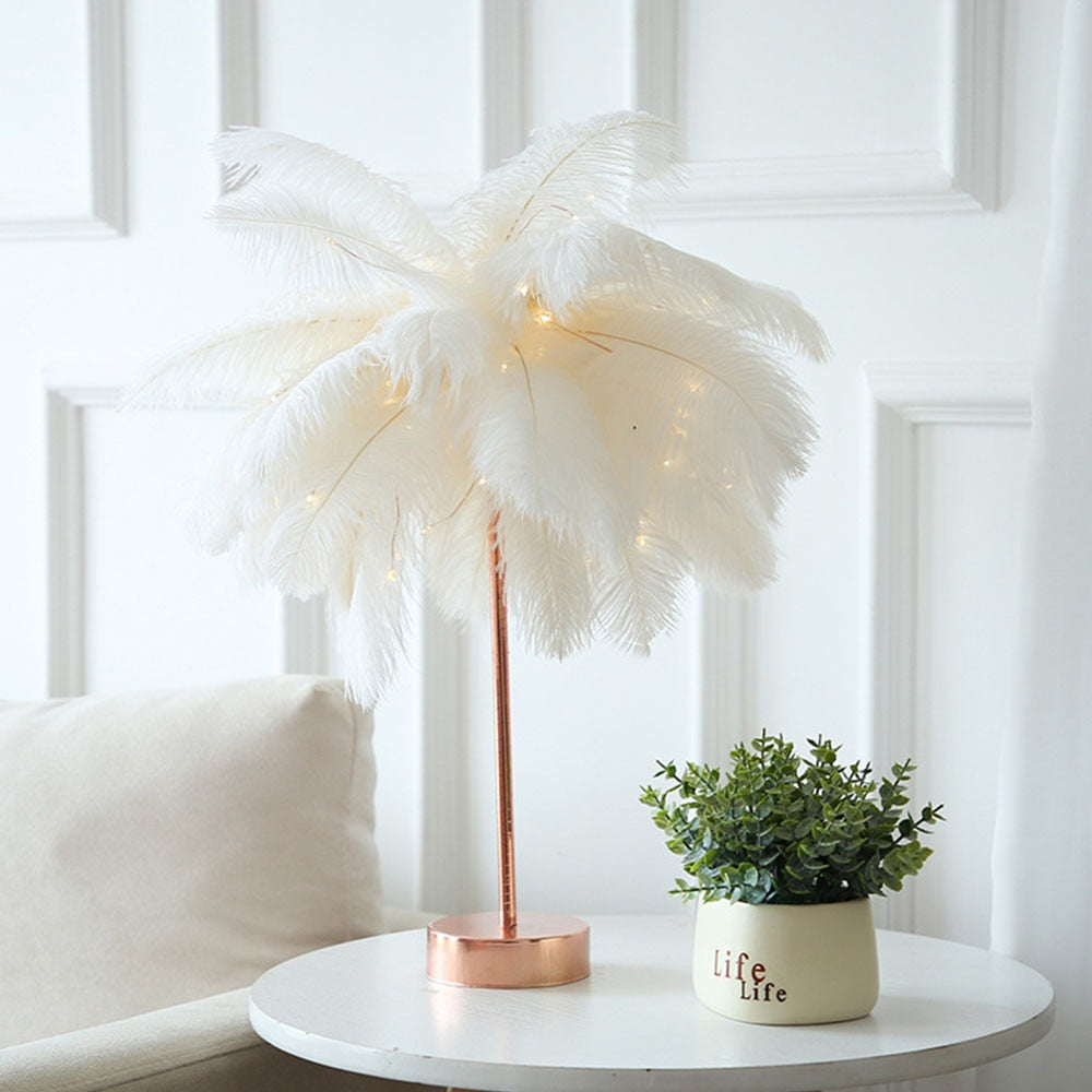 Maliben | Ostrich Night Lamp | Eccentric Lamp With Feathers & Rose Gold Base