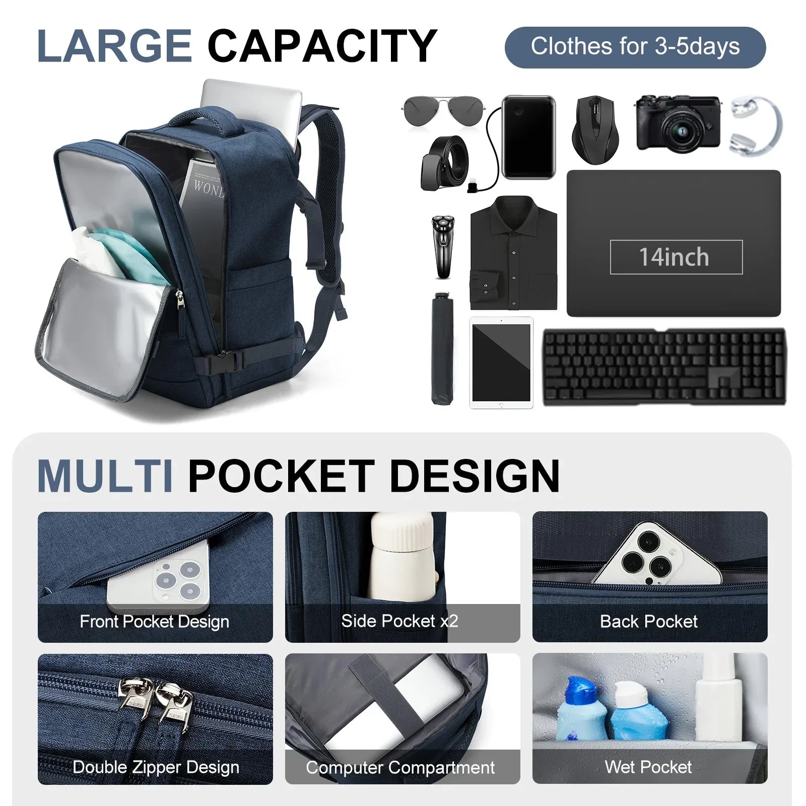 Maliben | Travel Backpack Travomate | Waterproof & Versatile | 15.6" Laptop Compartment | Large Capacity With Wet-Dry Separation