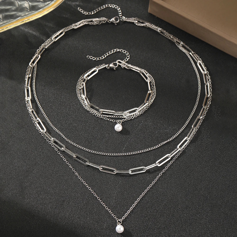Maliben | Paperclip & Curb Chain Dainty Pearl Bracelet And Necklace Stack Set
