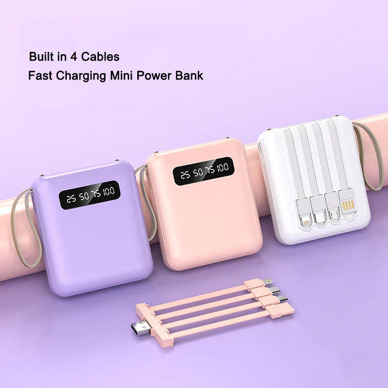 Maliben | Mini Powerbank With Mirror Display | 20,000 Mah | Quick Charge Function & Integrated Cables | For Iphone, Samsung, Xiaomi & More