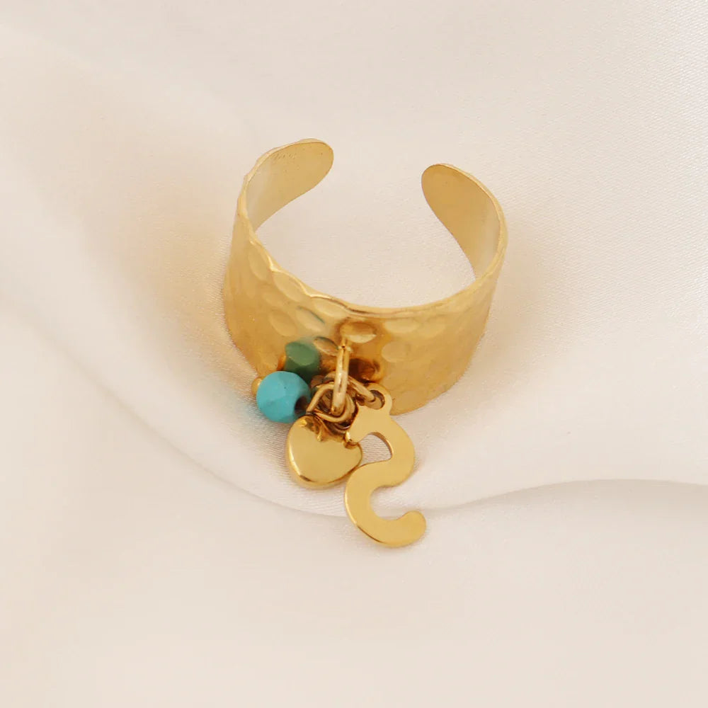 Maliben | Dainty Adjustable Letter Initial & Heart Pendant Ring