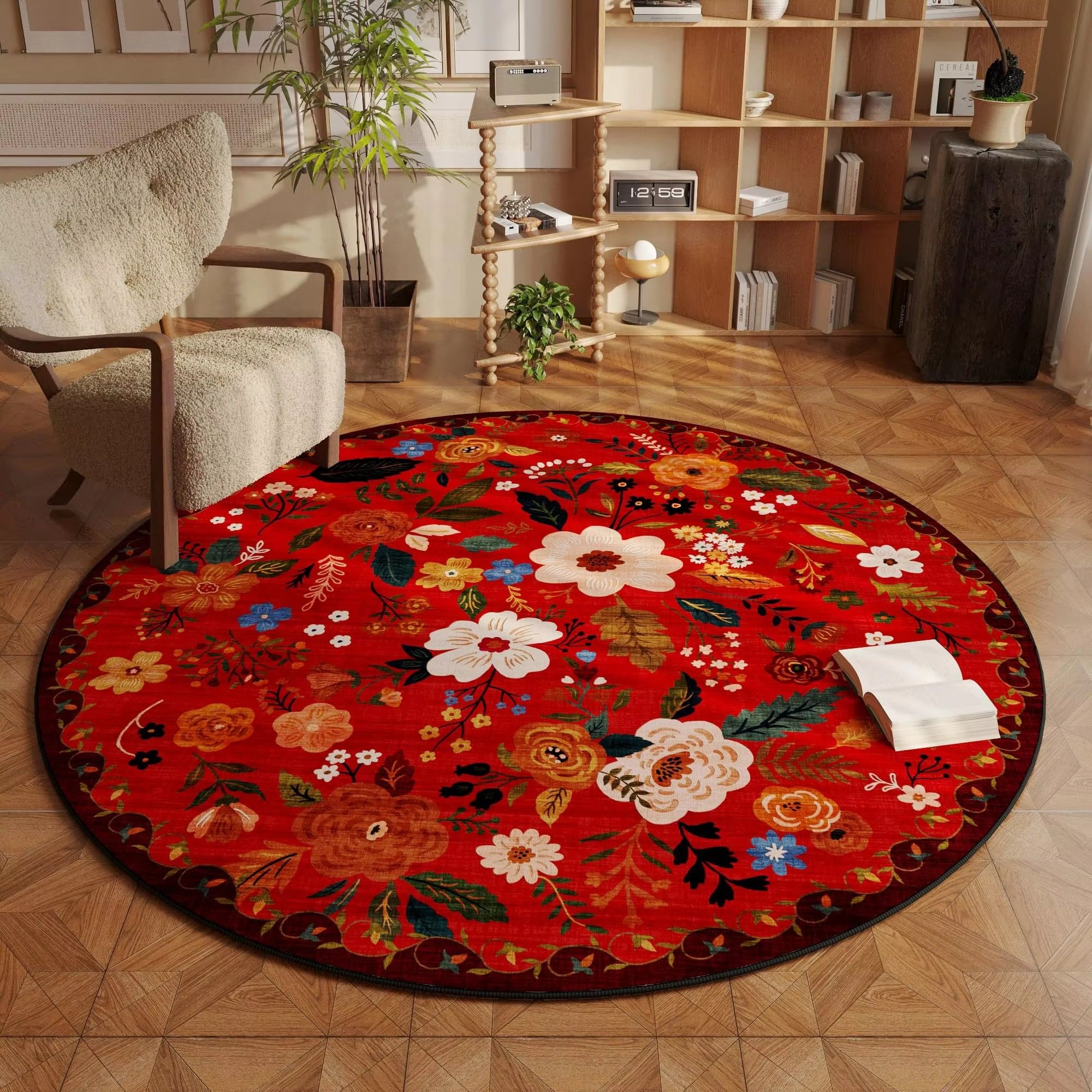 Maliben | Beige Round Floral Rug With Washable Non-Slip Backing, Fade Resistant For Living Room