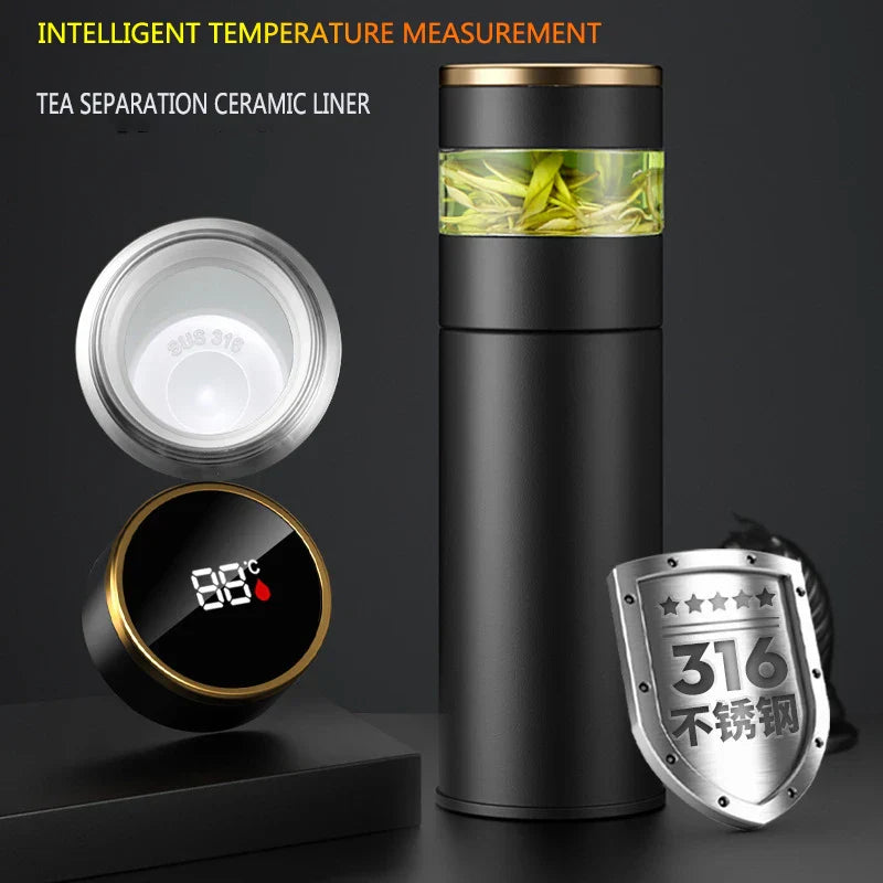 Maliben | Thermobrew | Insulated Bottle With Led Temperature Display & Tea Strainer | 450 Ml | Stainless Steel 304 | Black