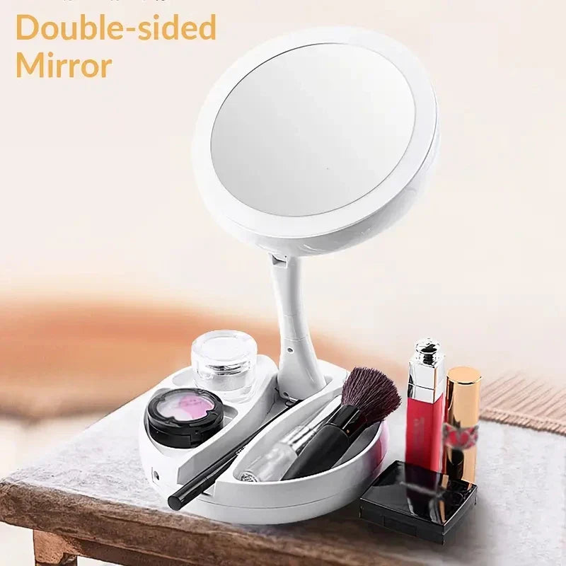 Maliben | Glamora Travel Mirror Led | Double-Sided & 10x Magnification | Foldable & Portable | With Accessory Compartment