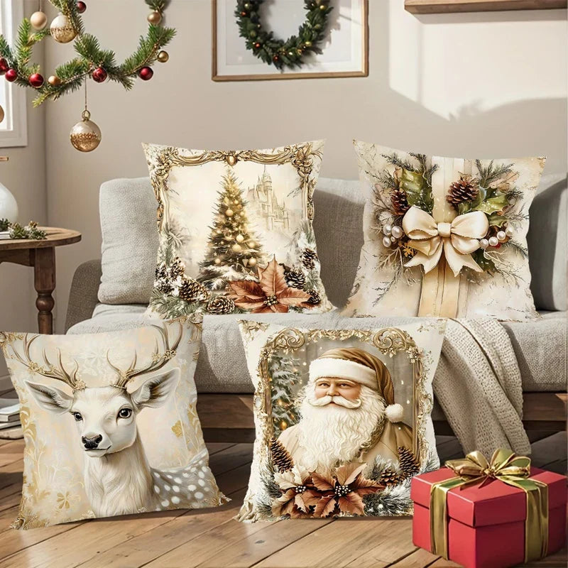 Maliben | Goldenvintage Cushion Covers Set Of 4 | Christmas Design With Santa, Reindeer & Bow | Sofa Decor & Living Room | 45×45 Cm