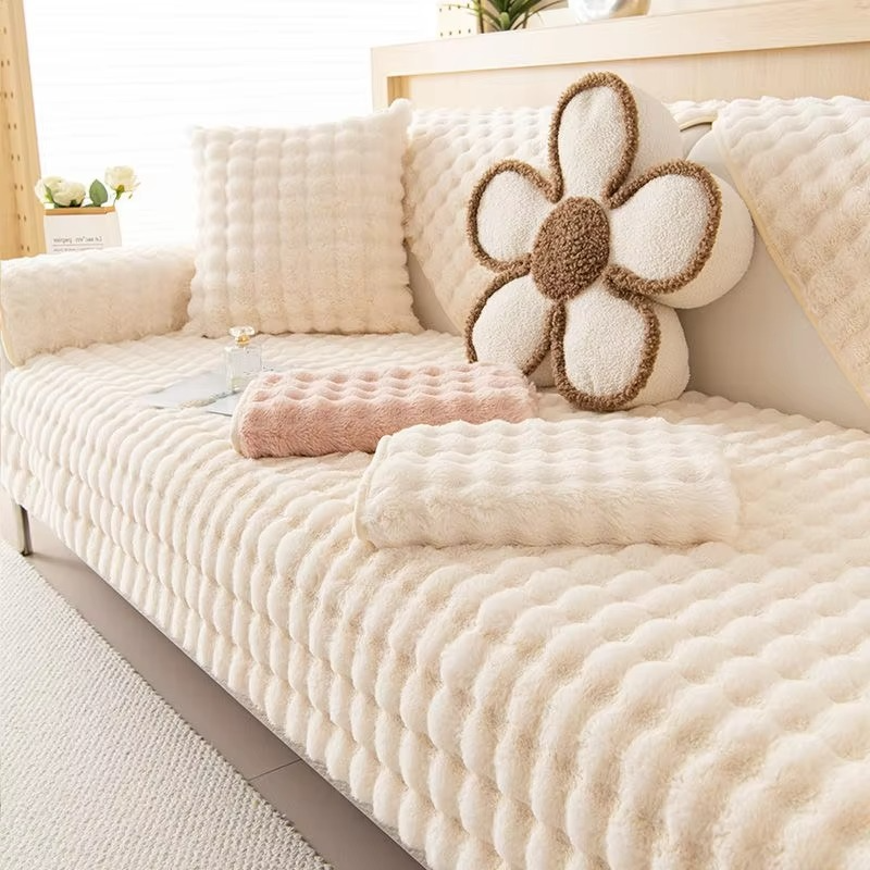 Maliben | Plush Bubble-Textured Faux Rabbit Fur Sofa Slipcover - Non-Slip Couch Cushion Cover For Living Room