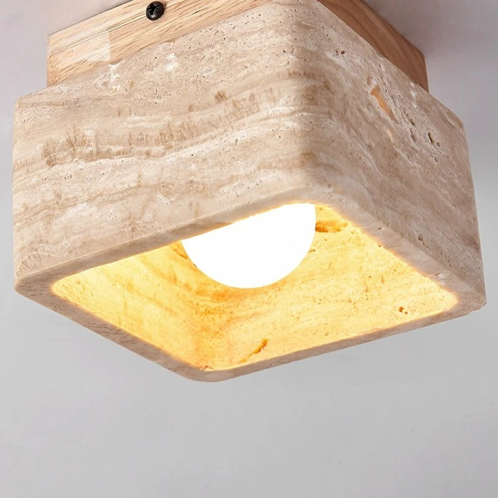 Maliben | Square Travertine & Wood Led Ceiling Lamp
