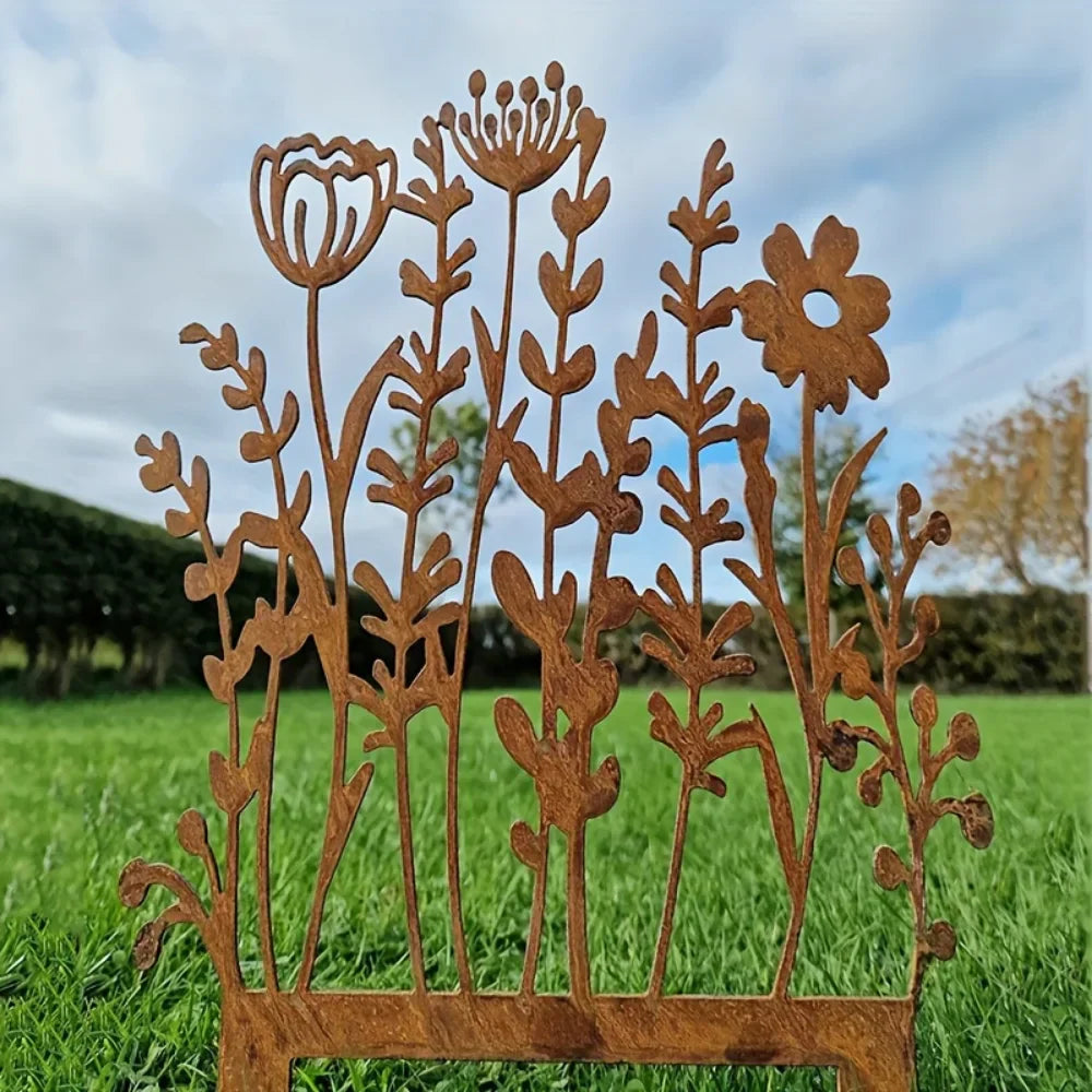 Maliben | Floravinta Metal Garden Stake Wildflower | Rust Look Vintage Yellow | For Beds, Pots & Walls | Handcrafted Country Style