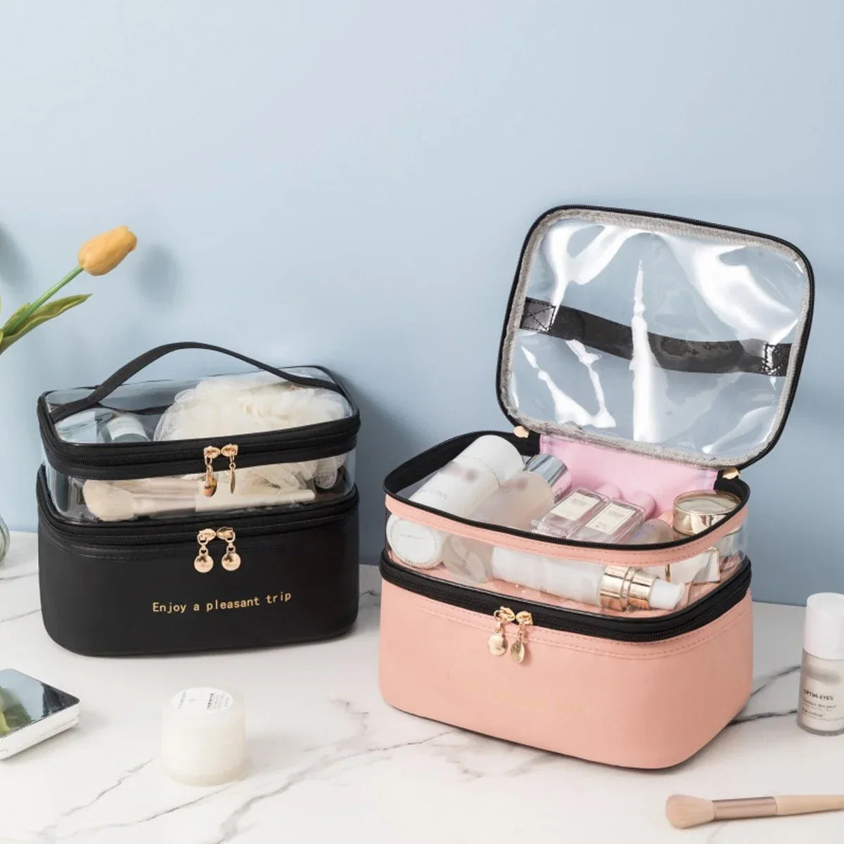 Maliben | Cosmetic Bag Lunavie | Double-Layer & Waterproof | Large Capacity | Transparent Lid