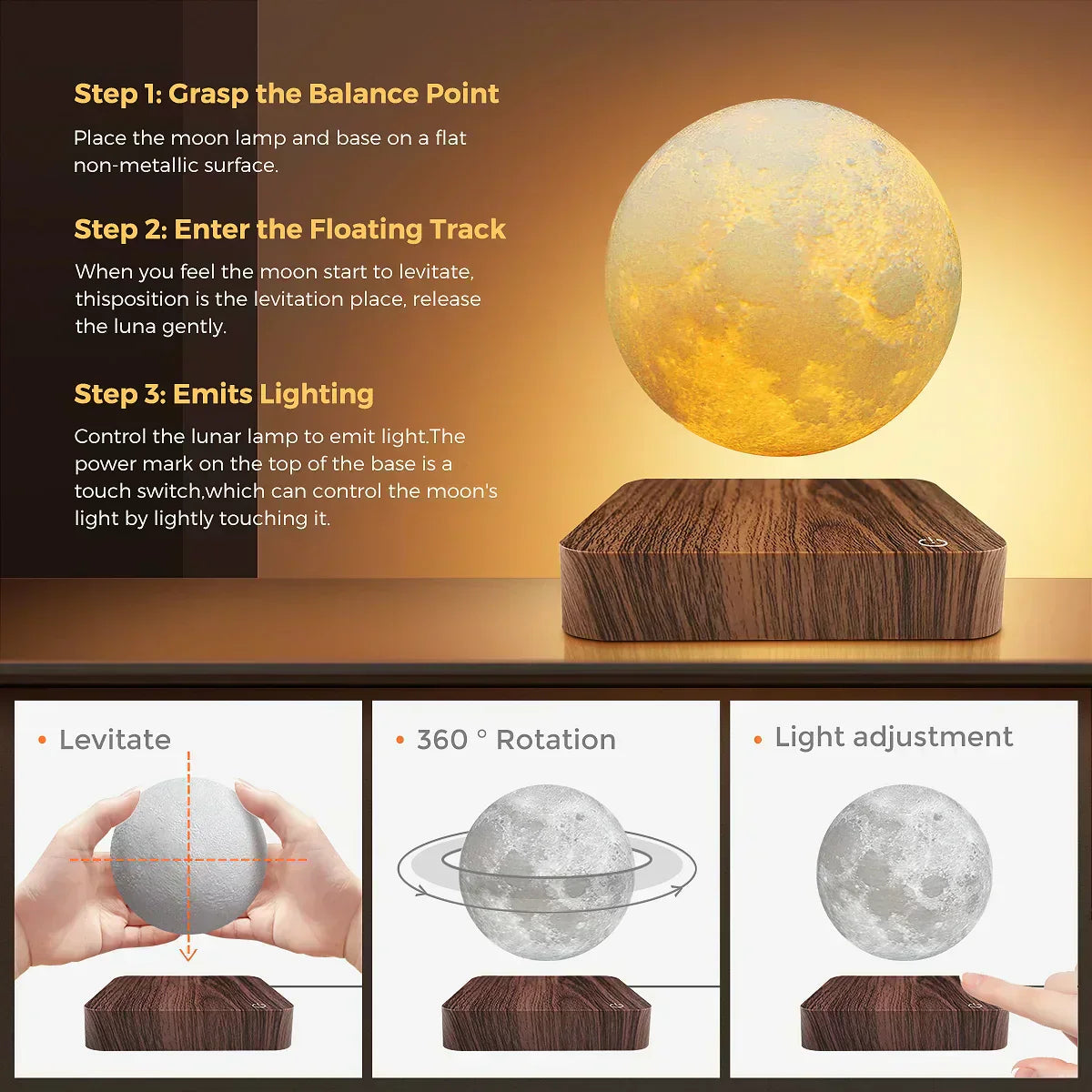 Maliben | Floating Magnetic Moon Lamp With 3d Print And Led Lighting