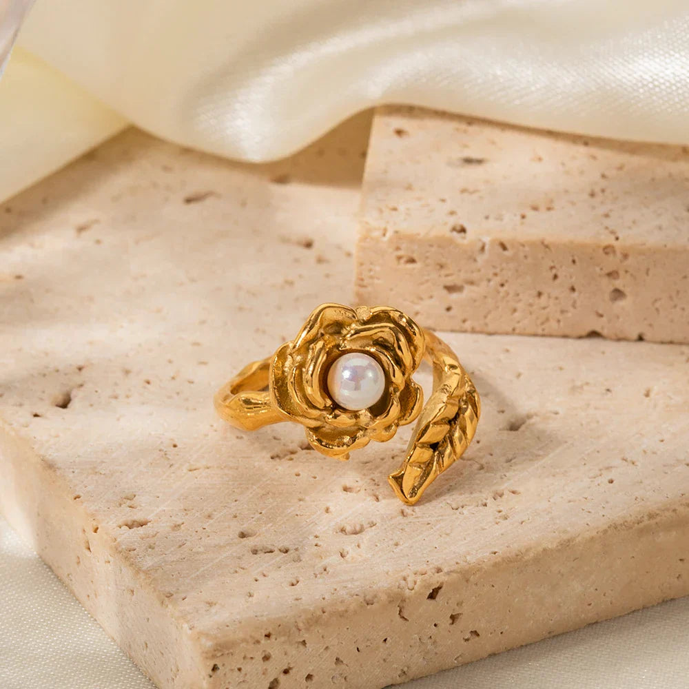 Maliben | Adjustable Pearl Camellia Flower Ring