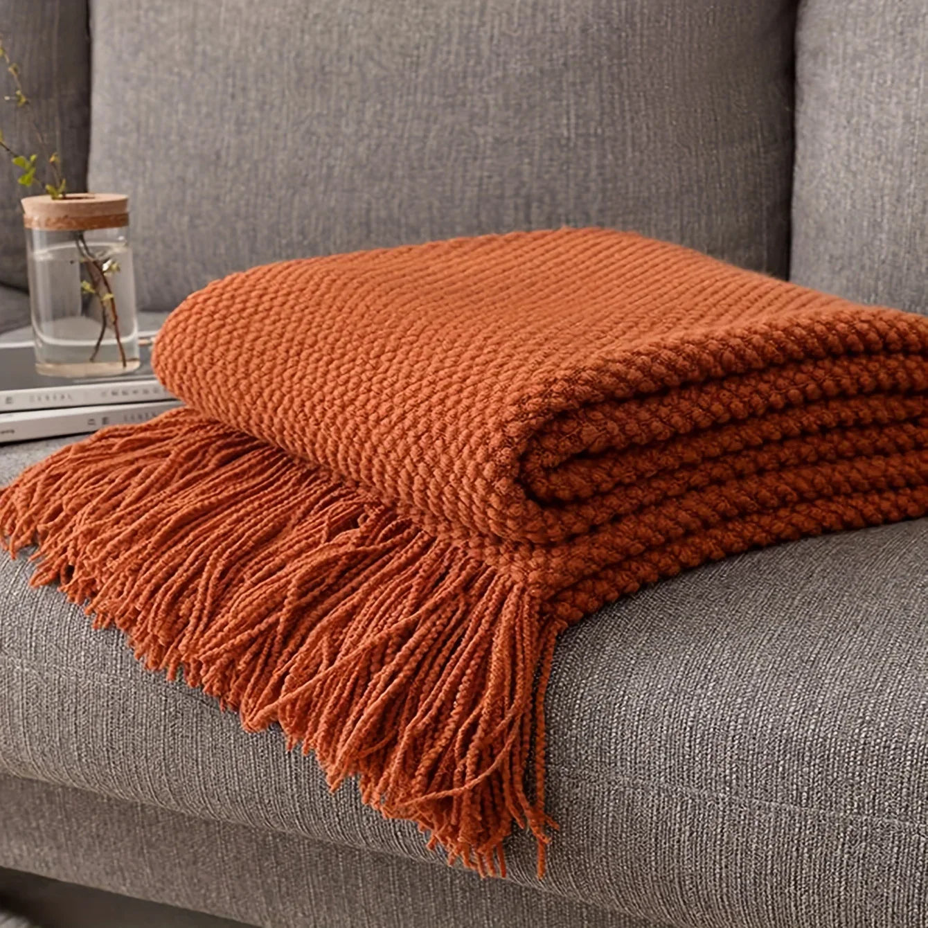 Maliben | Aurelia Cozy Tassel Knitted Blanket In Morandi Orange | Soft & Warm | 3 Sizes | For Sofa, Bed & Travel