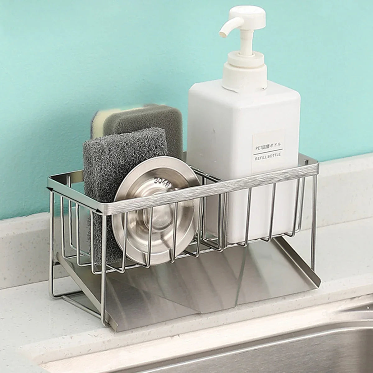 Maliben | Steelnest | Sink Organizer Made Of Stainless Steel | Sponge & Soap Holder With Drip Tray | 21×8.2×10 Cm
