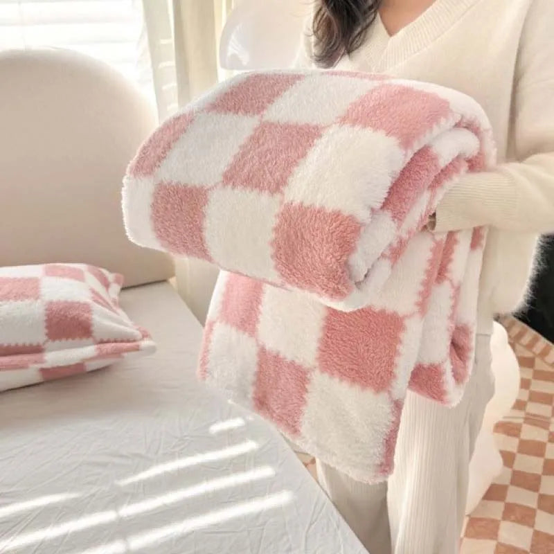 Maliben | Pandaluna Fleece Blanket With Check Pattern | Soft & Breathable | For Sofa, Bed & Office | Machine Washable | Pink/White