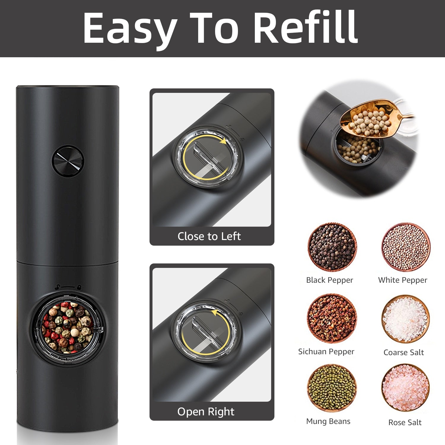 Maliben | Electric automatic pepper and salt mill with LED light and adjustable grind - Perfect for the kitchen or the restaurant