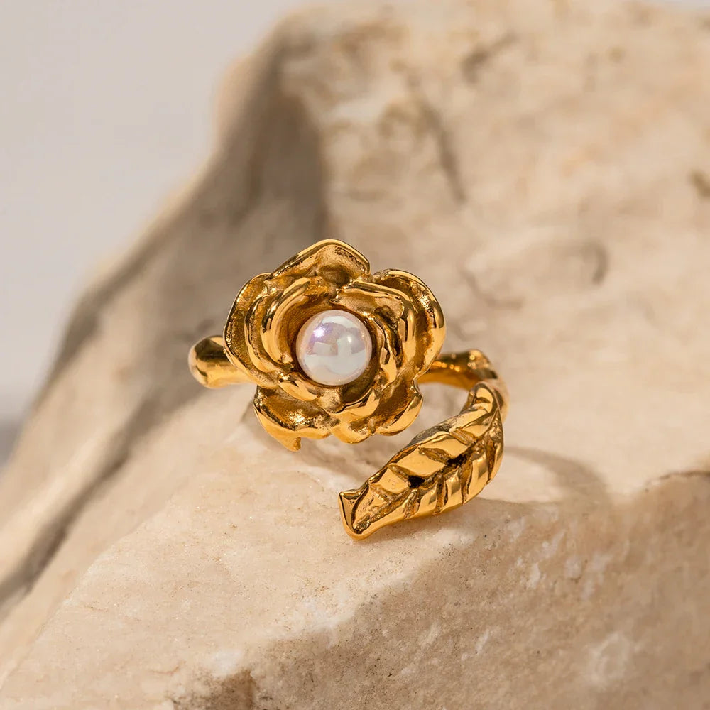 Maliben | Adjustable Pearl Camellia Flower Ring