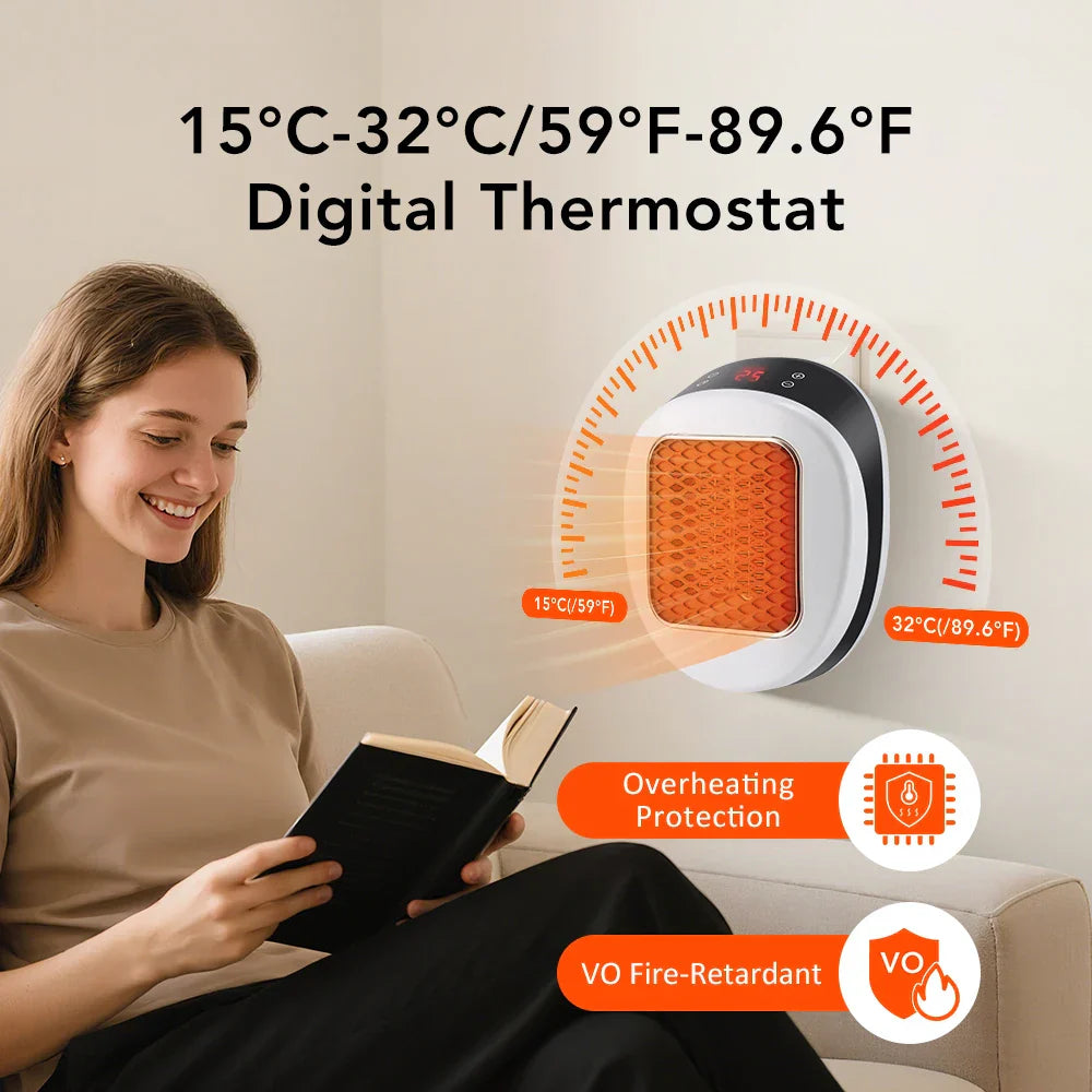 Maliben | Thermolux MIni Wall Heater 600w | Compact Electric Heater With Remote Control | Wall Socket Heater With Thermostat & Timer | Quick Heat in 3 Seconds
