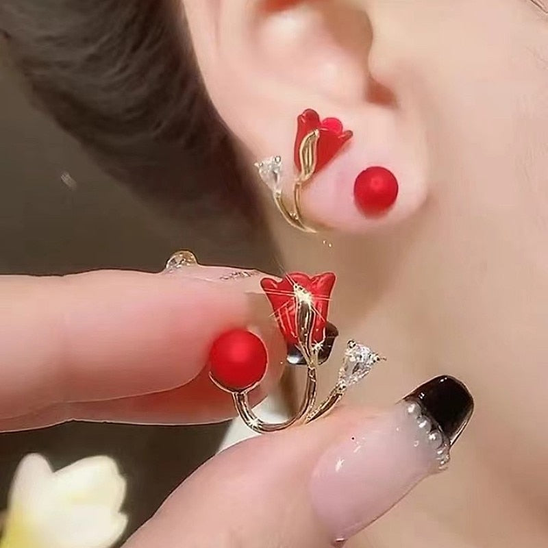 Maliben | Artistic Red Flower Korean Style Zircon Earrings