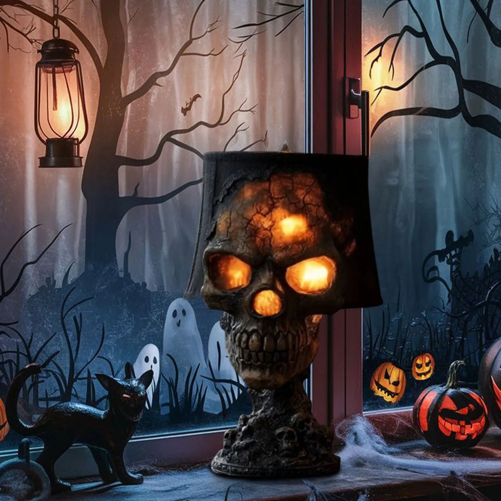 Maliben | Gothic Table Lamp Skullfire | Halloween Skull Decor | Led Ambient Light | 20 X 11 X 11 Cm