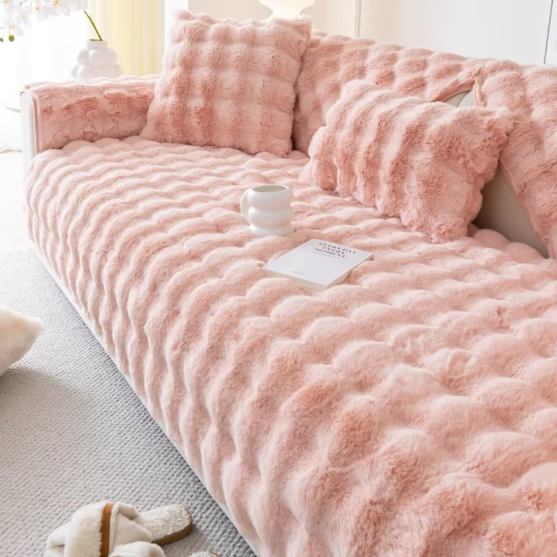 Maliben | Plush Bubble-Textured Faux Rabbit Fur Sofa Slipcover - Non-Slip Couch Cushion Cover For Living Room
