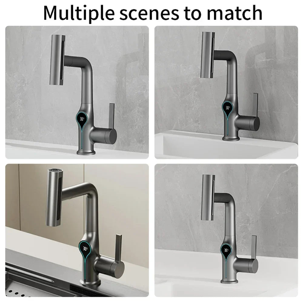 Maliben | Washbasin Faucet With Waterfall Jet Digital Temperature Display And Adjustable Spray Head