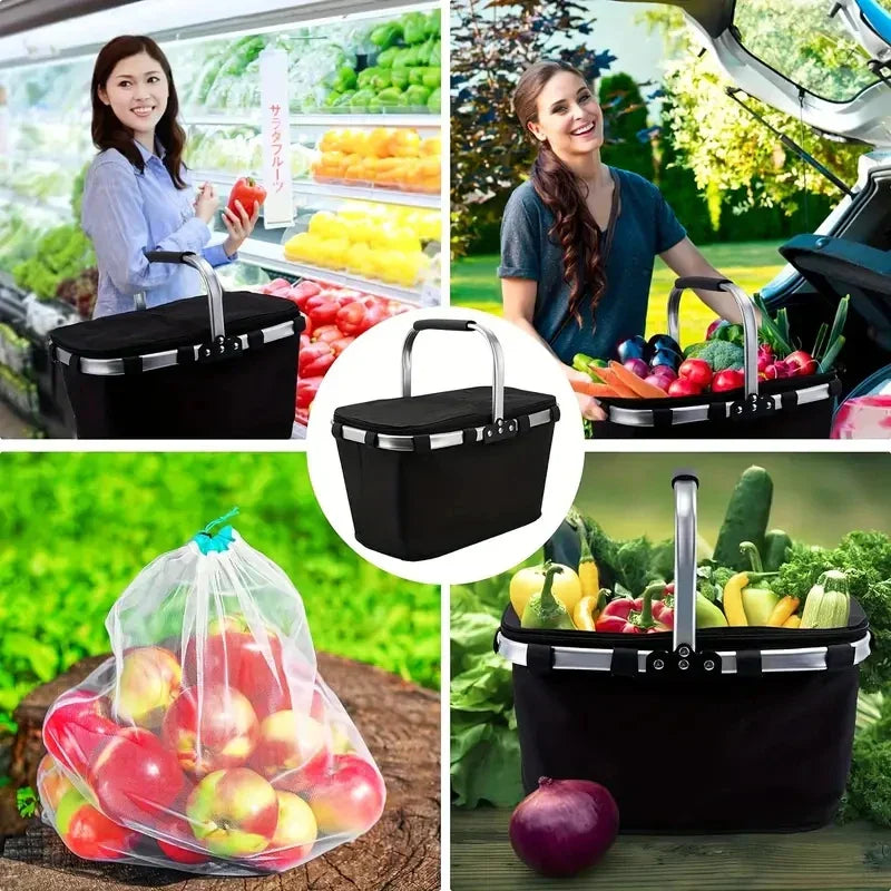 Maliben | Thermatrip Folding Basket | Insulated Picnic Basket With Aluminum Foil & Carry Handle | 3-Fold Foldable | For Outing, Park, Shopping & Travel