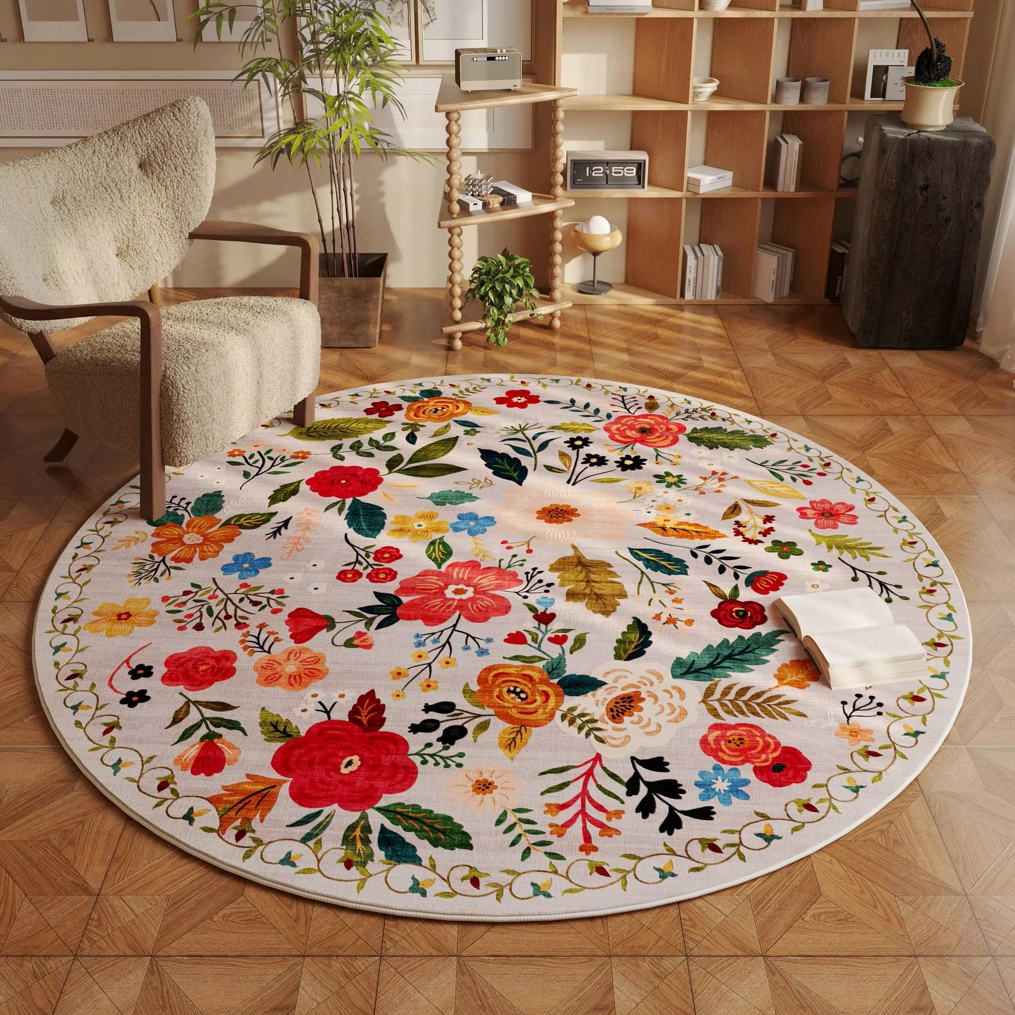 Maliben | Beige Round Floral Rug With Washable Non-Slip Backing, Fade Resistant For Living Room