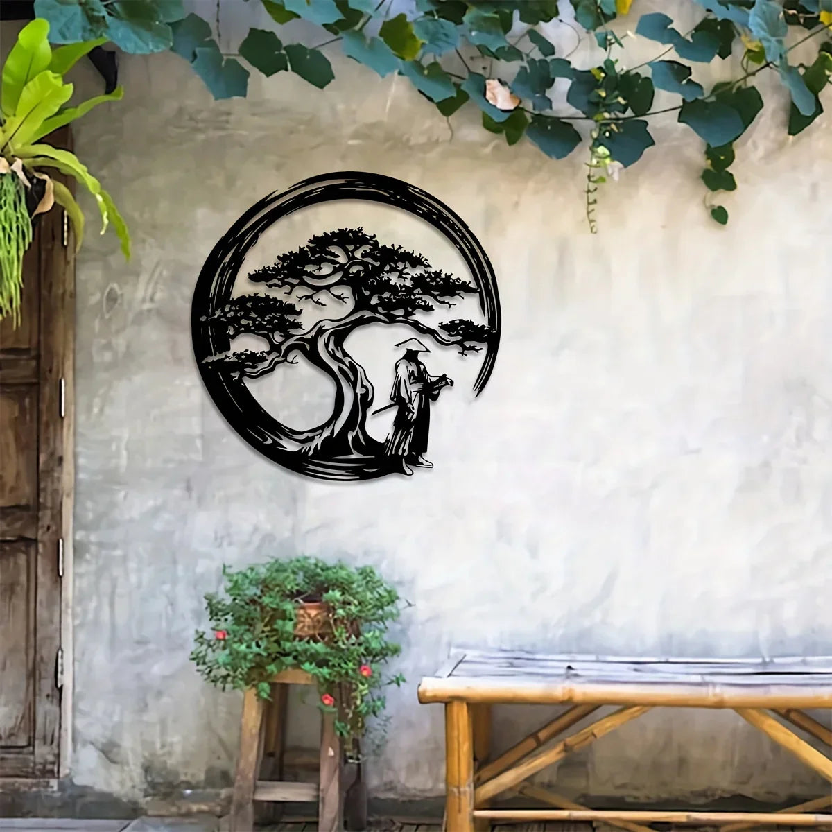 Maliben | Zenora Metal Wall Decor Bonsai | Japanese Design With Torii & Enso | 40 × 40 Cm