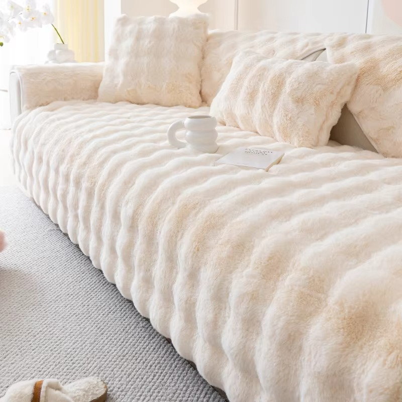 Maliben | Plush Bubble-Textured Faux Rabbit Fur Sofa Slipcover - Non-Slip Couch Cushion Cover For Living Room