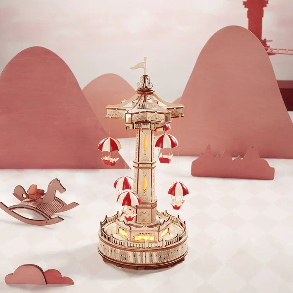 Maliben | Rokr Parachute Tower Music Box | 3d Wooden Puzzle With Movement & Light | Diy Kit 184 Pieces | Magical Carnival For Kids & Adults