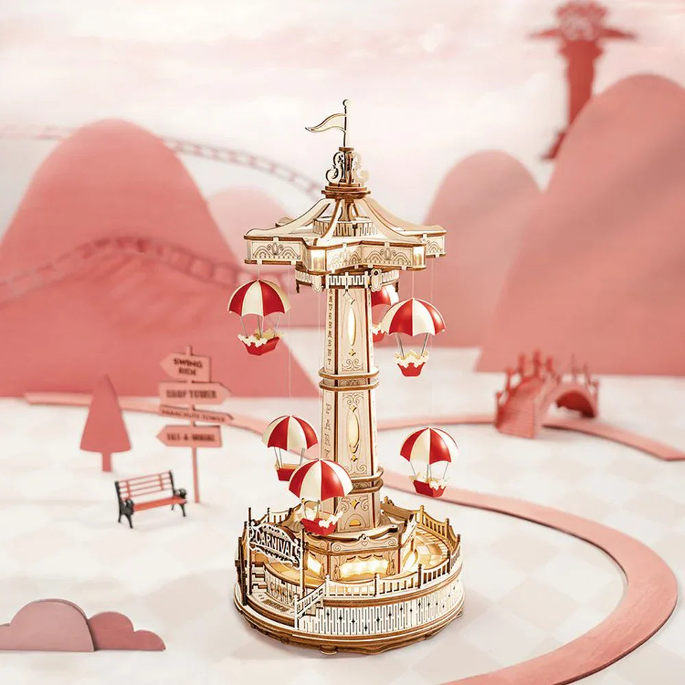 Maliben | Rokr Parachute Tower Music Box | 3d Wooden Puzzle With Movement & Light | Diy Kit 184 Pieces | Magical Carnival For Kids & Adults