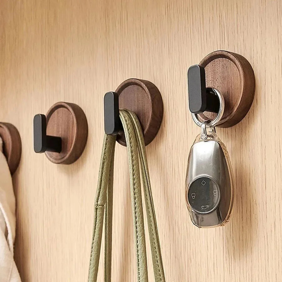 Maliben | Self-Adhesive Wooden Wall Hooks Nordiva Woodcircle | Walnut Wood | Decorative Hook For Keys, Towels & Clothing | Bathroom, Kitchen & Hallway