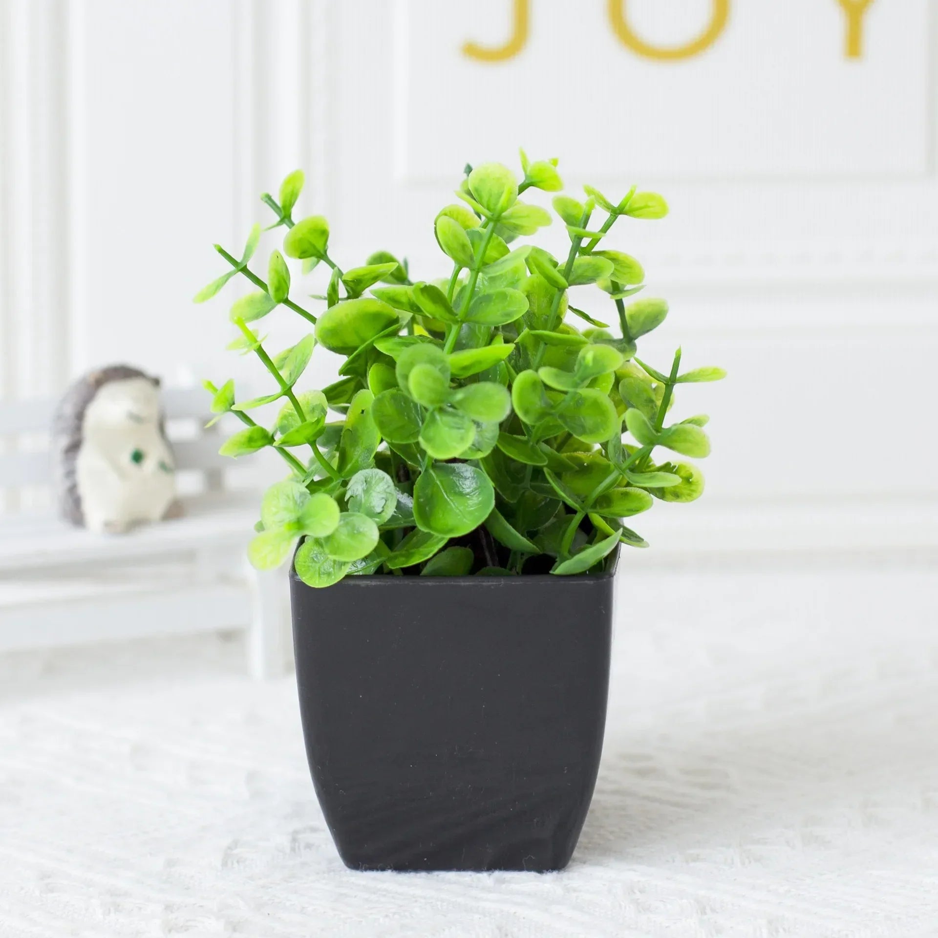 Maliben | Leafora Artificial Eucalyptus Plant In Black Pot | Mini Decorative Plant | For Table, Bathroom & Office