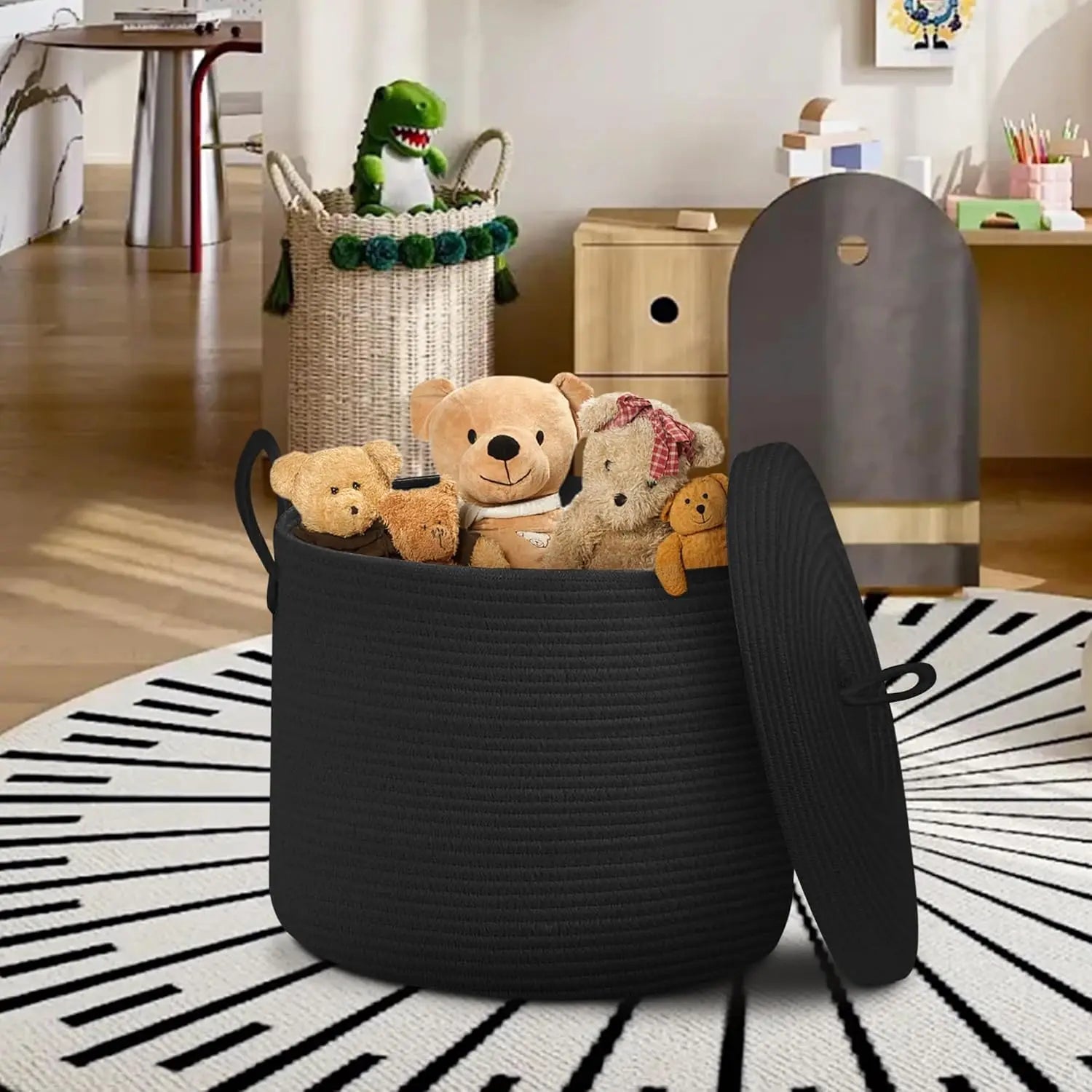 Maliben | Large Black Cotton Rope Storage Basket With Lid – Selwyn