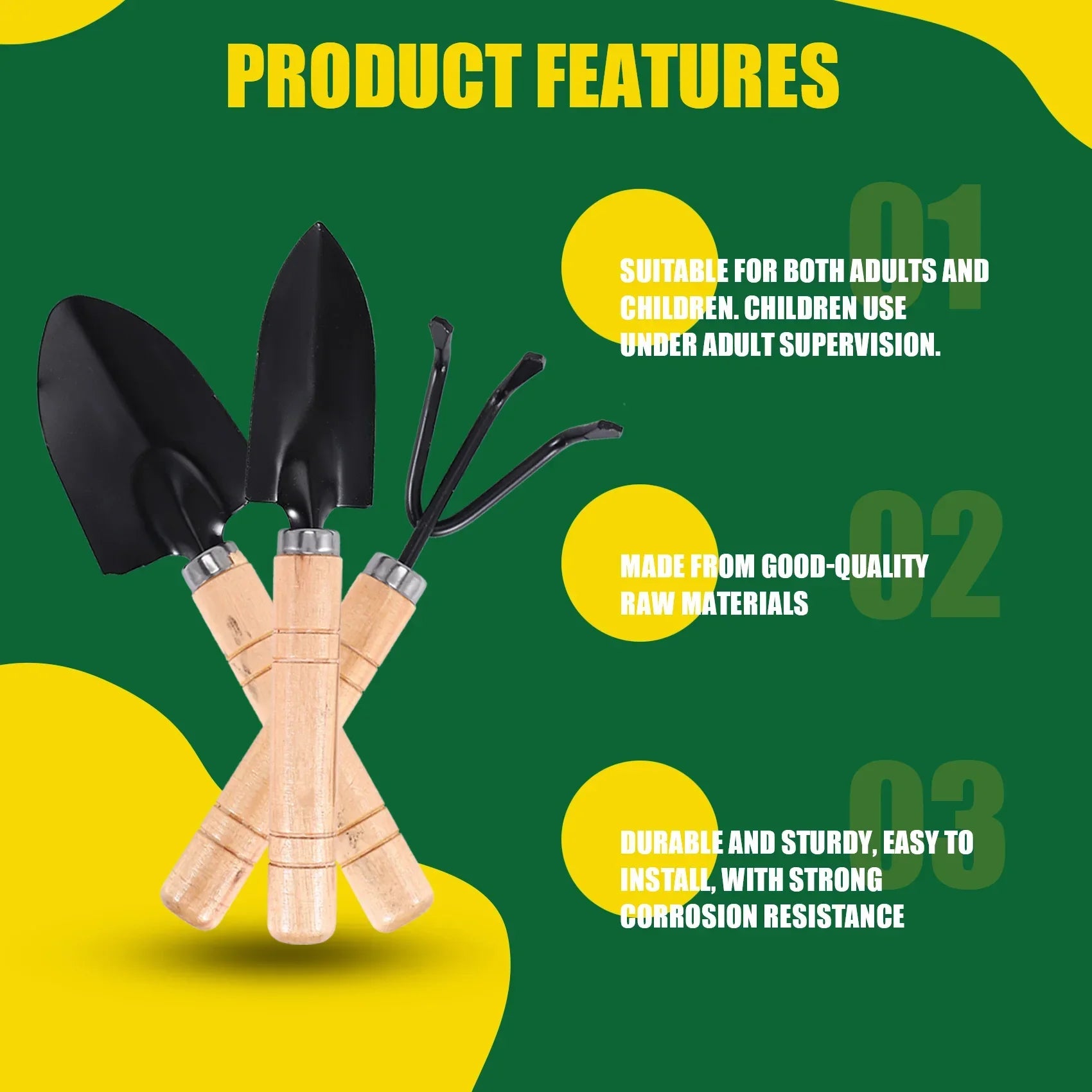 Maliben | Planturio Mini Garden Tool Set 3-Piece | Spade, Shovel & Rake | Wooden Handle & Metal Head | For Bonsai & Houseplants