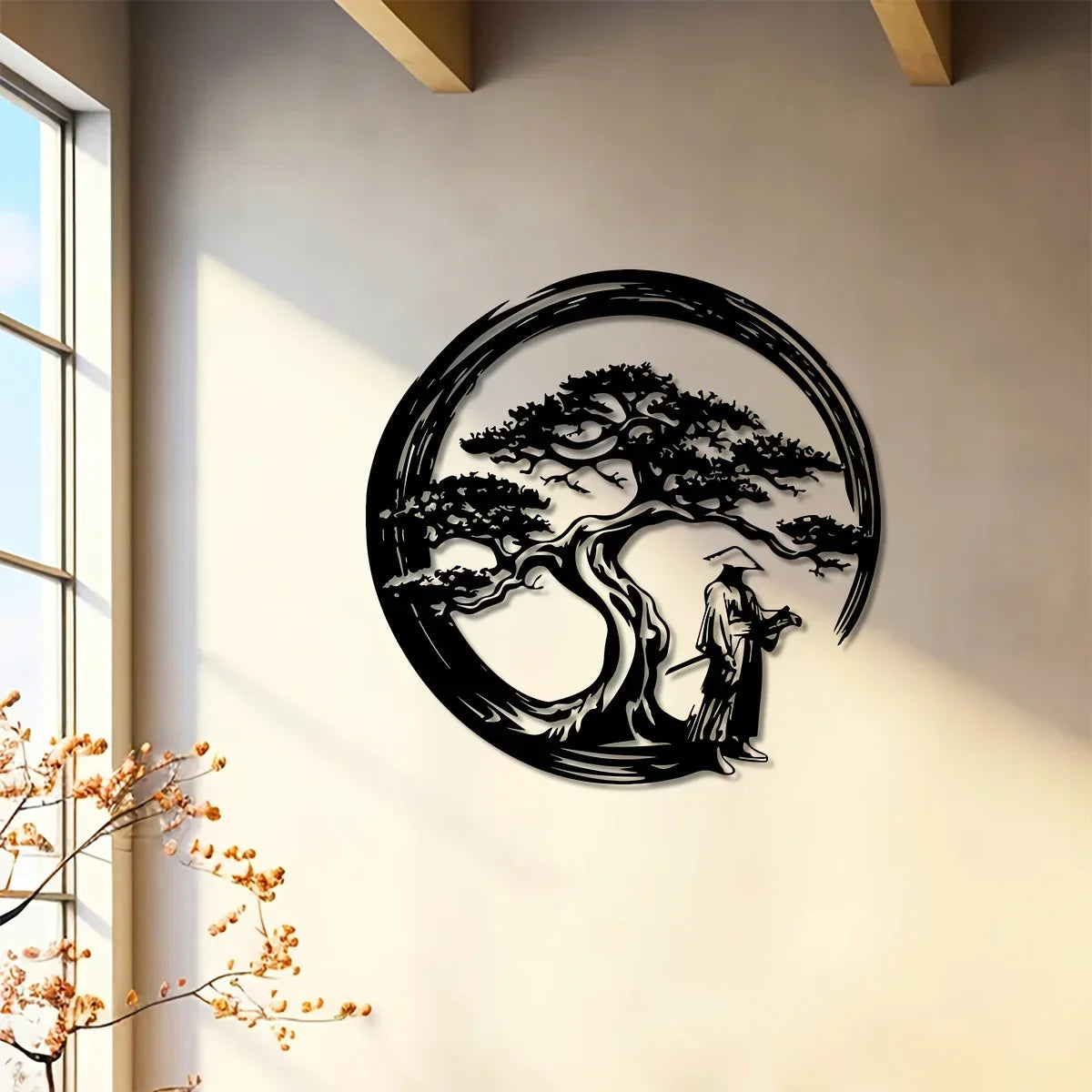 Maliben | Zenora Metal Wall Decor Bonsai | Japanese Design With Torii & Enso | 40 × 40 Cm