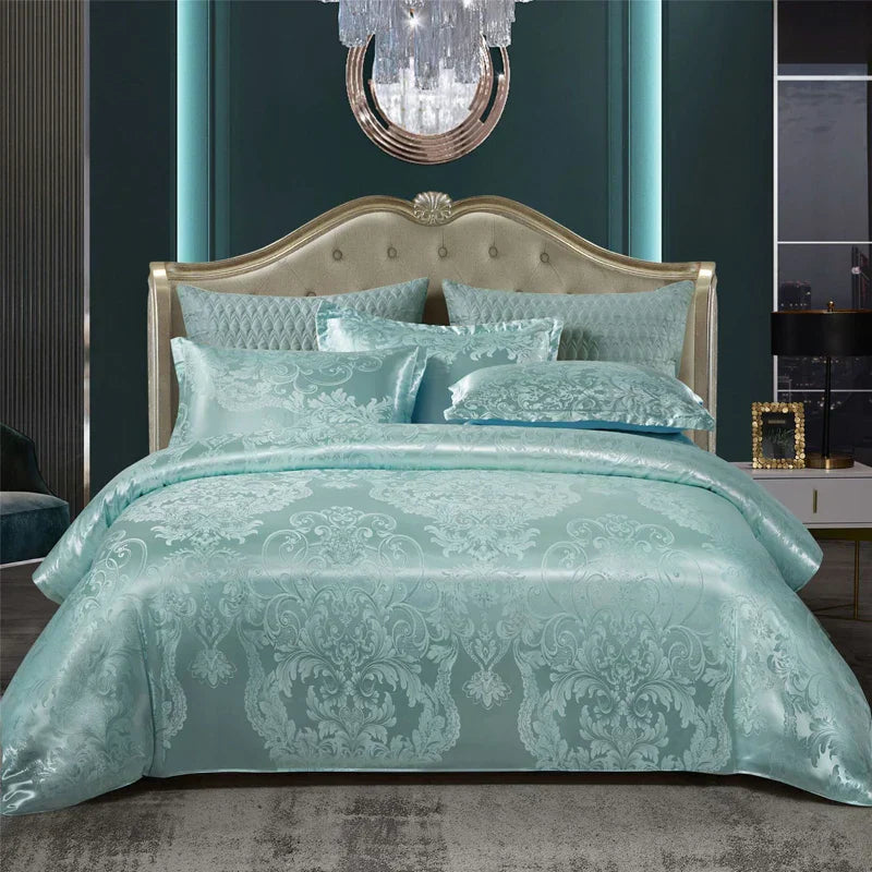 Maliben | Luxurious SatIn Rayon Jacquard Duvet Cover in Gold & Blue