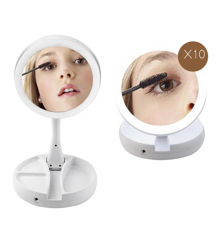 Maliben | Glamora Travel Mirror Led | Double-Sided & 10x Magnification | Foldable & Portable | With Accessory Compartment