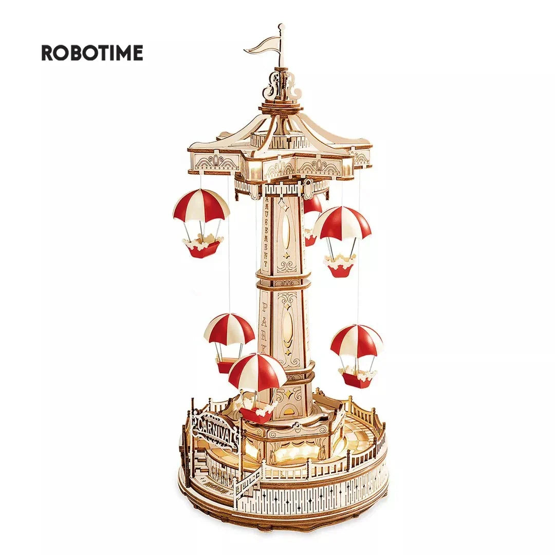 Maliben | Rokr Parachute Tower Music Box | 3d Wooden Puzzle With Movement & Light | Diy Kit 184 Pieces | Magical Carnival For Kids & Adults