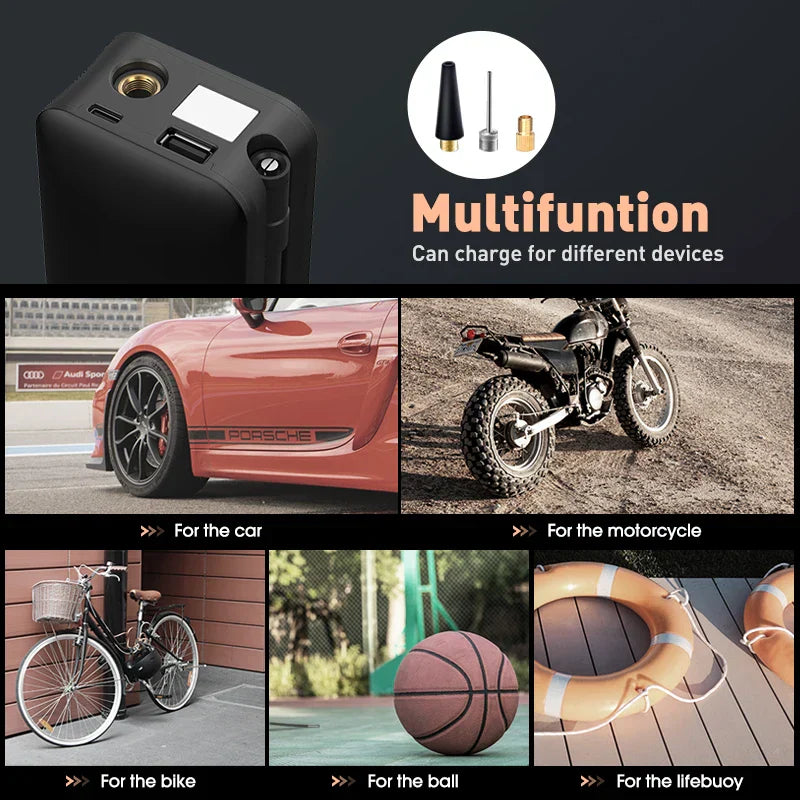 Maliben | Air Compressor Airtoro | Rechargeable & Cordless | For Car, Bicycle & Balls | With Power Bank Function