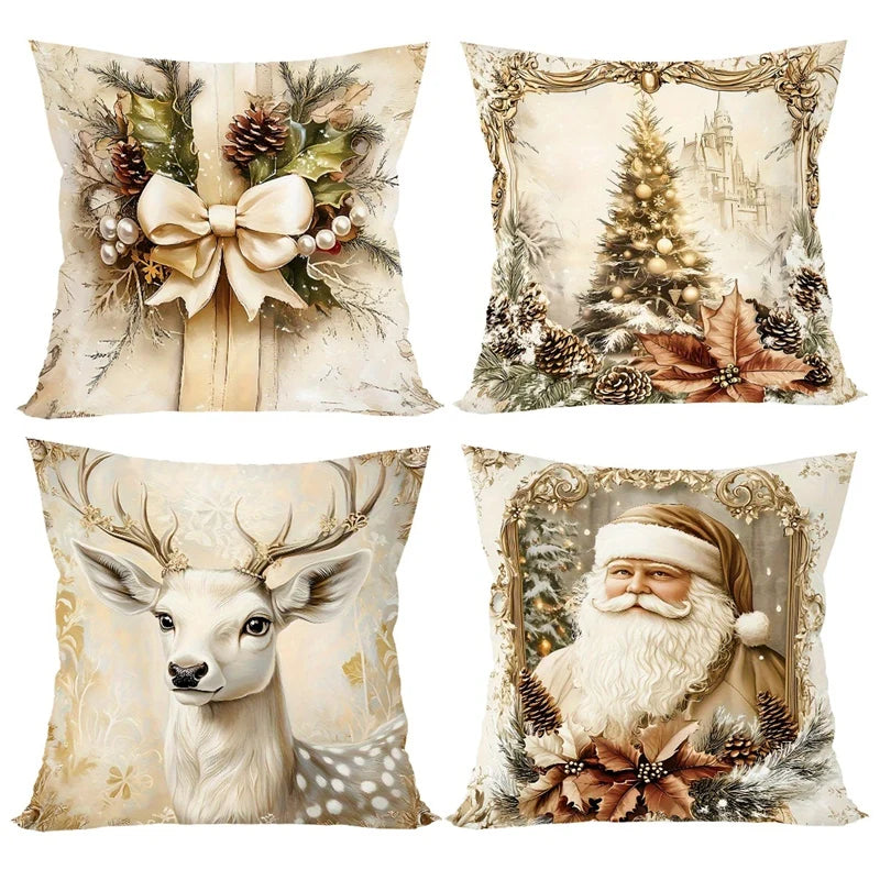 Maliben | Goldenvintage Cushion Covers Set Of 4 | Christmas Design With Santa, Reindeer & Bow | Sofa Decor & Living Room | 45×45 Cm