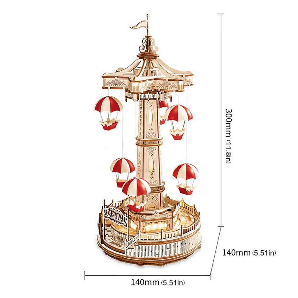 Maliben | Rokr Parachute Tower Music Box | 3d Wooden Puzzle With Movement & Light | Diy Kit 184 Pieces | Magical Carnival For Kids & Adults