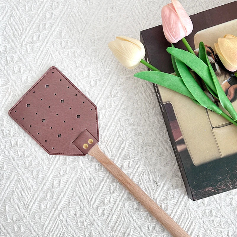 Maliben | Insektra Leather Fly Swatter With Wood Handle | 13×10 Cm Striking Surface | Stainless Steel Rivets | Hanging Device