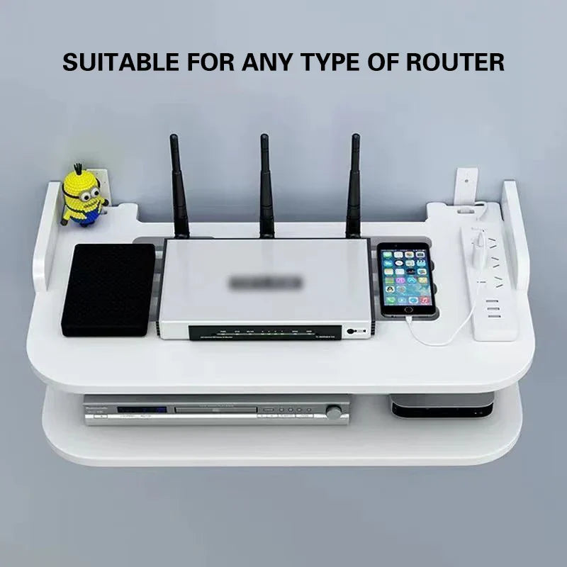 Maliben | Skyconnect Home | Wlan Router Wall Shelf | Hidden Cable Organizer & Socket Holder | Floating Shelf For Tv Box & More | White | 40×12×8 Cm
