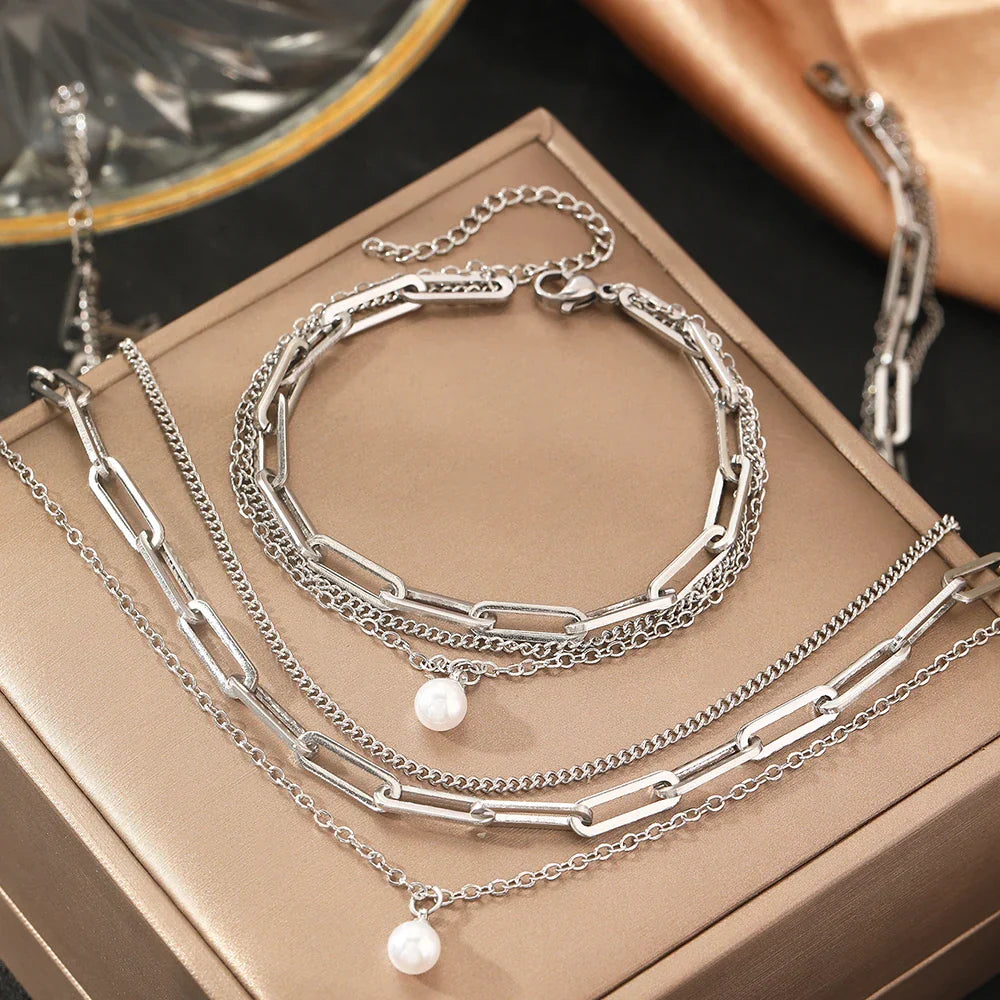 Maliben | Paperclip & Curb Chain Dainty Pearl Bracelet And Necklace Stack Set